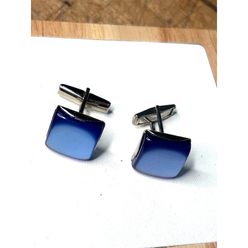 Vintage Blue Moonglow glass Enamel & Silver-Tone Square Cufflinks For Men